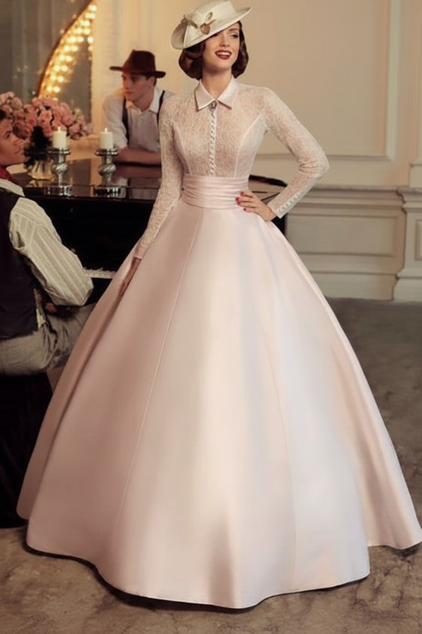 Vintage Aline Wedding Dresses Long Sleeves Satin Lace Traditional Dresses For Bride