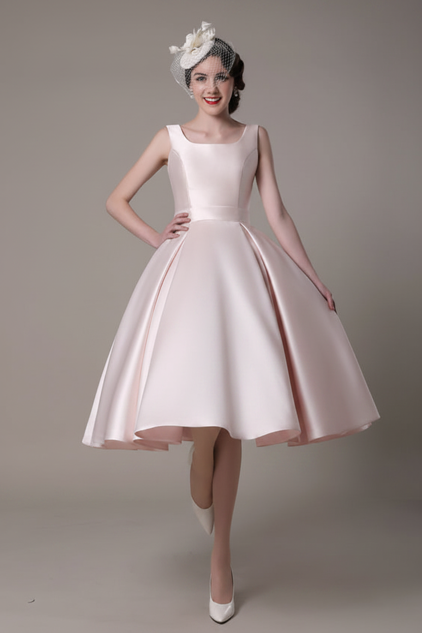 Vintage Knee Length Ivory Wedding Dress Scoop Neck Backless Satin Bridal Dress