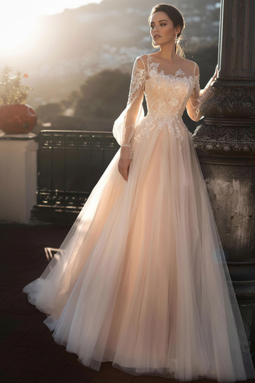 Wedding Dresses A Line Illusion Neck Long Sleeve Floor Length Tulle Pleated Bridal Dress With Train