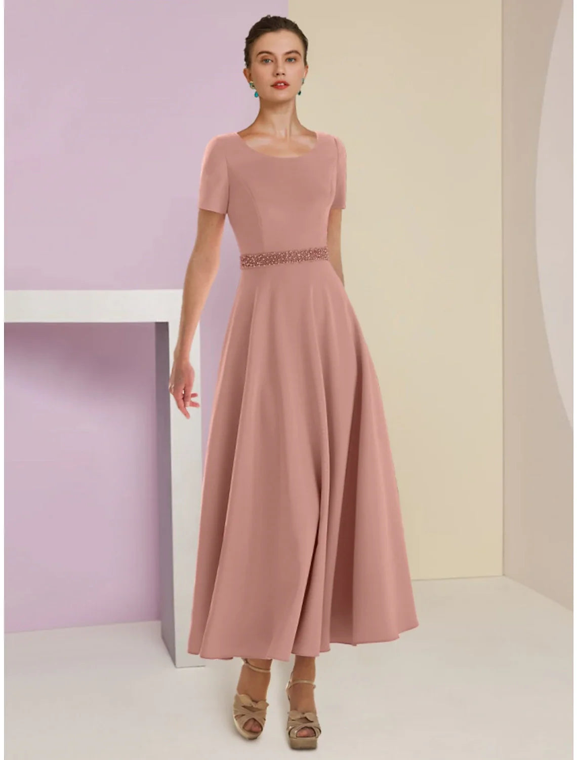 Aimishang A-Line Mother of the Bride Dress Wedding Guest Elegant Scoop Neck Ankle Length Satin 3/4 Length Sleeve with Feather Bow(s) Beading