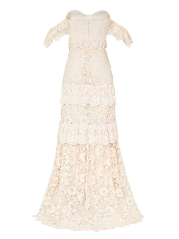 Boho Off The Shoulder Wedding Dress Floor Length Multilayer Lace Bridal Gowns