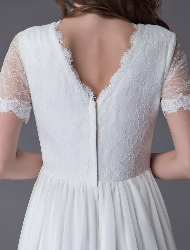 Boho Wedding Dresses Lace Chiffon Ivory Short Sleeve Maxi Beach Bridal Gowns