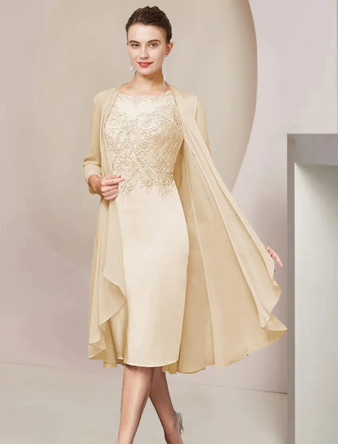 Two Piece Sheath / Column Mother of the Bride Dress Formal Wedding Guest Elegant Scoop Neck Knee Length Chiffon Lace Half Sleeve Jacket Dresses with Appliques
