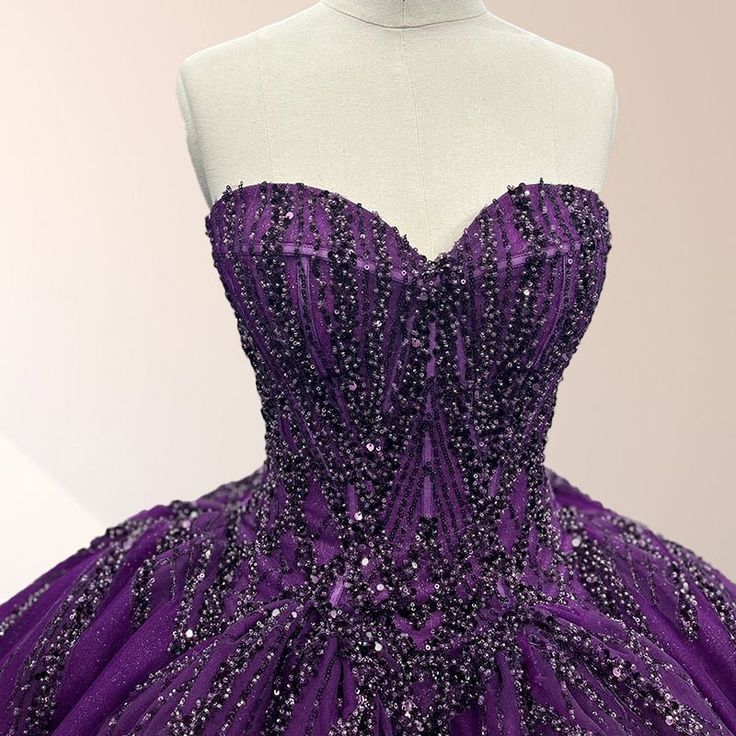 girlhomeshops-Purple shimmering, delicately beaded long tulle ball gown/wedding dress gh6186