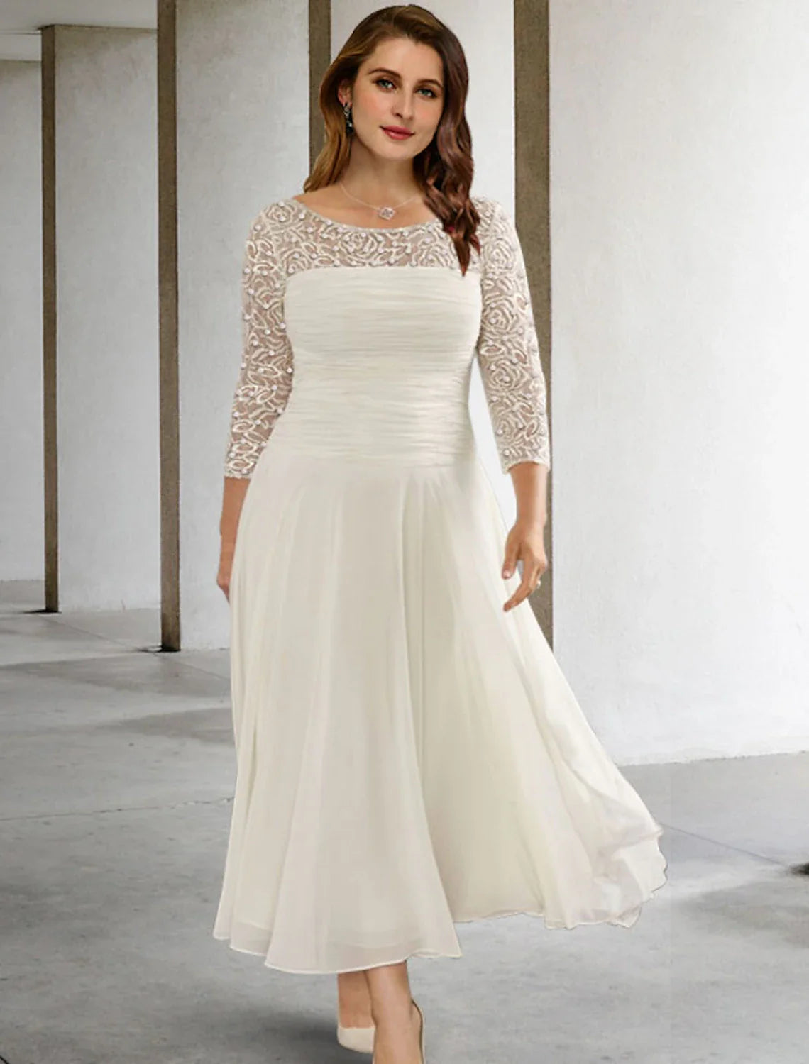 Aimishang A-Line Mother of the Bride Dresses Plus Size Hide Belly Curve Elegant Dress Formal Tea Length 3/4 Length Sleeve Jewel Neck Chiffon with Ruched Beading Sequin Fall
