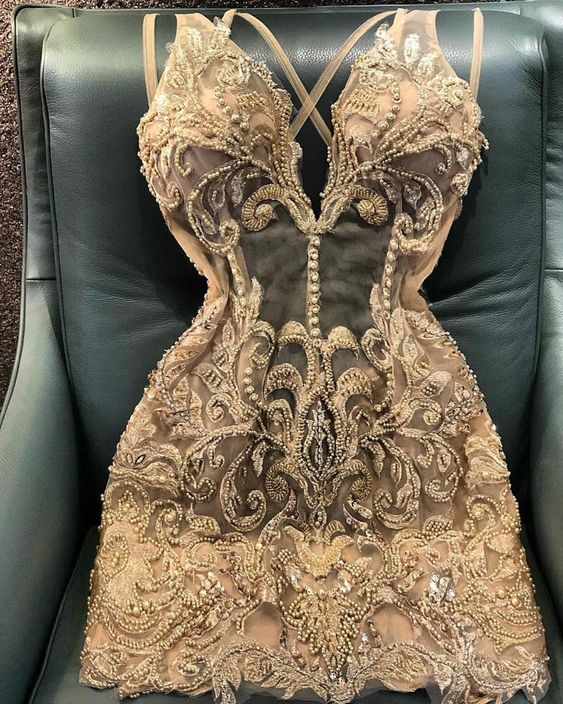 Enchanting Champagne Embroidery Beaded Homecoming Dress Sheath Party Dress Short Cocktail Dress HZ1024