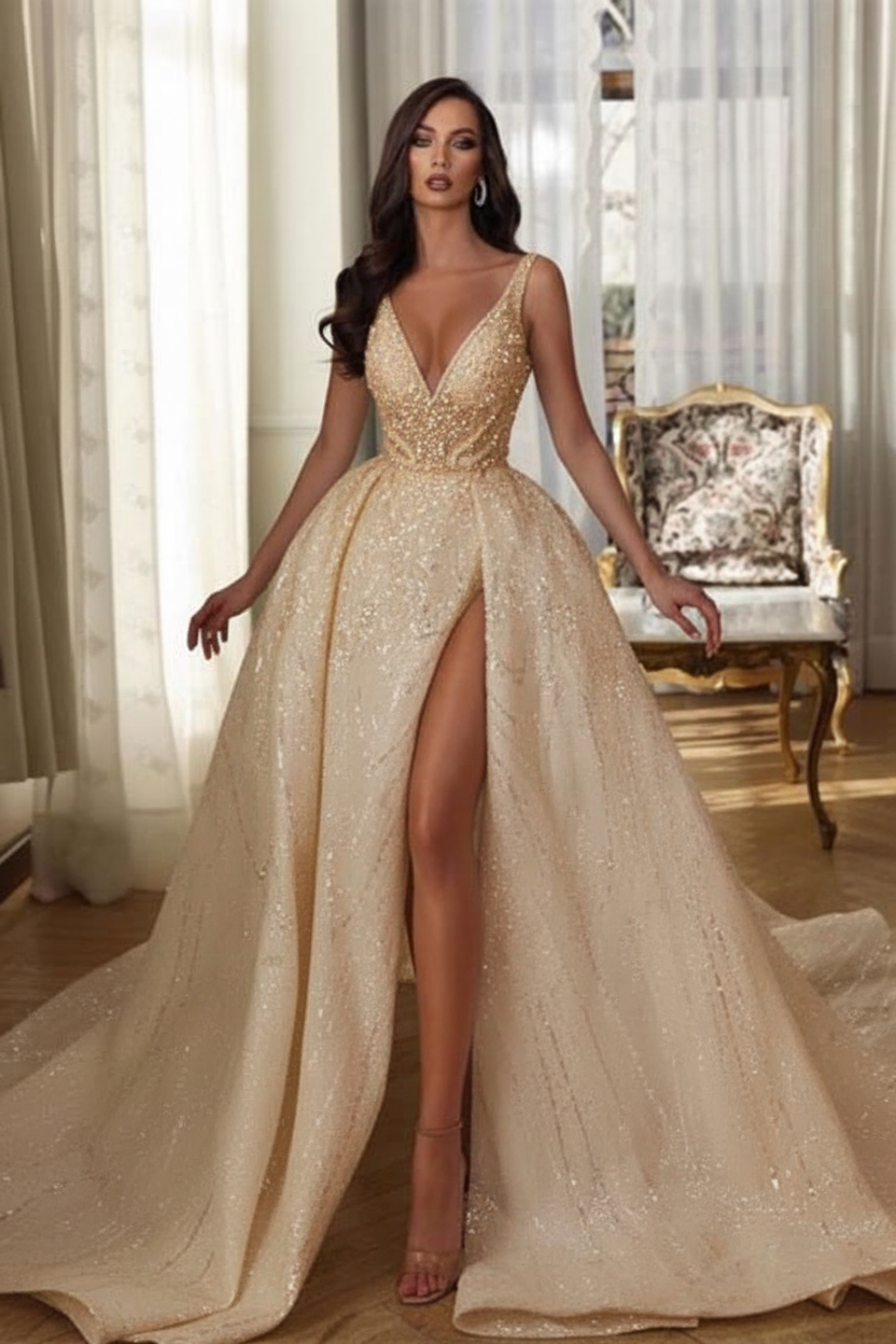 Aline Sleeveless Front Split Wedding Dress V-neck Sequins Bridal Dress