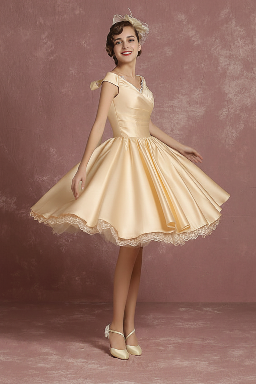 Short Wedding Dresses Satin Vintage Princess Bridal Dress Knee Length Sleeveless Lace Pleated Bridal Gown With Ribbon Bow