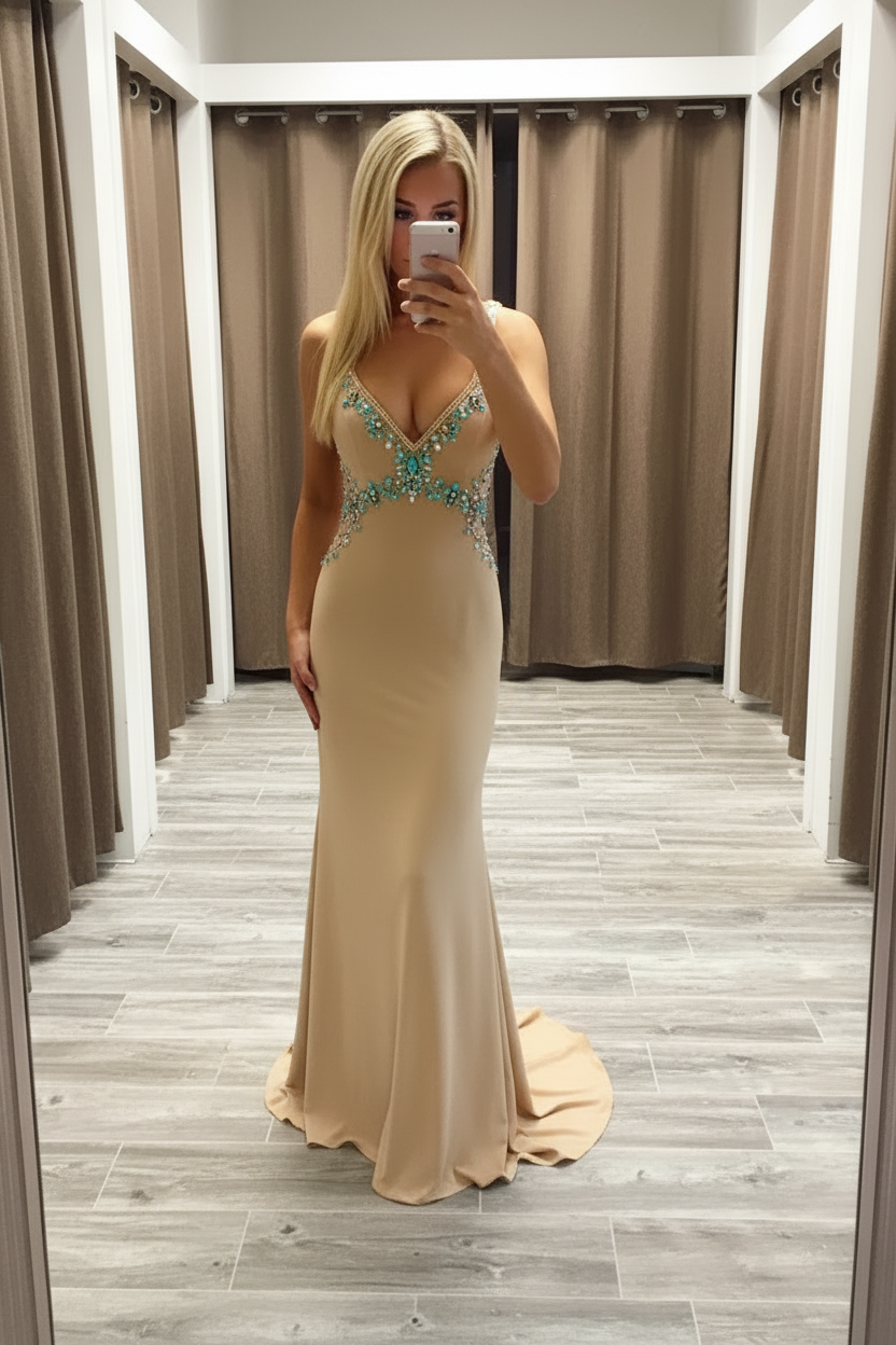 V-Neck Sleeveless Prom Dress Sweep/Brush Train With Beading Spandex Dresses