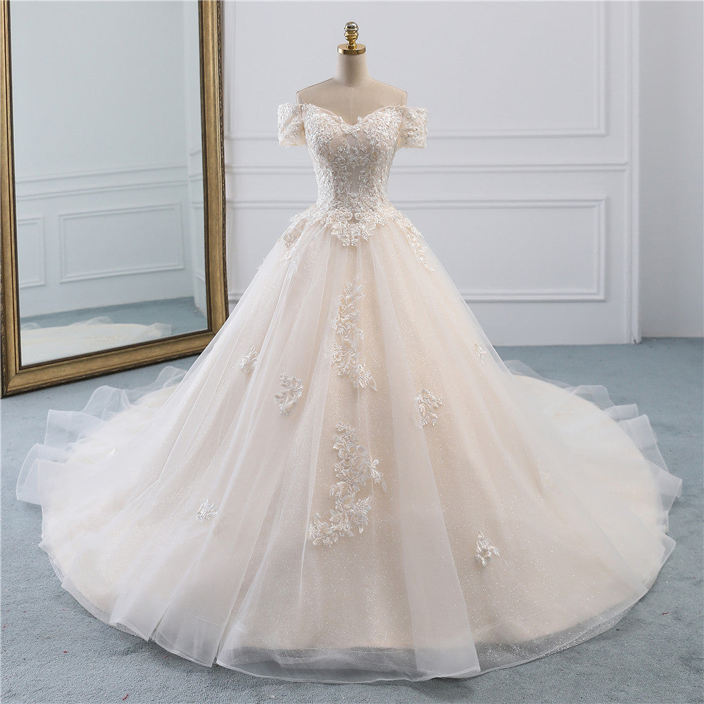 Classy Off-the-Shoulder Wedding Dress With Lace Appliques