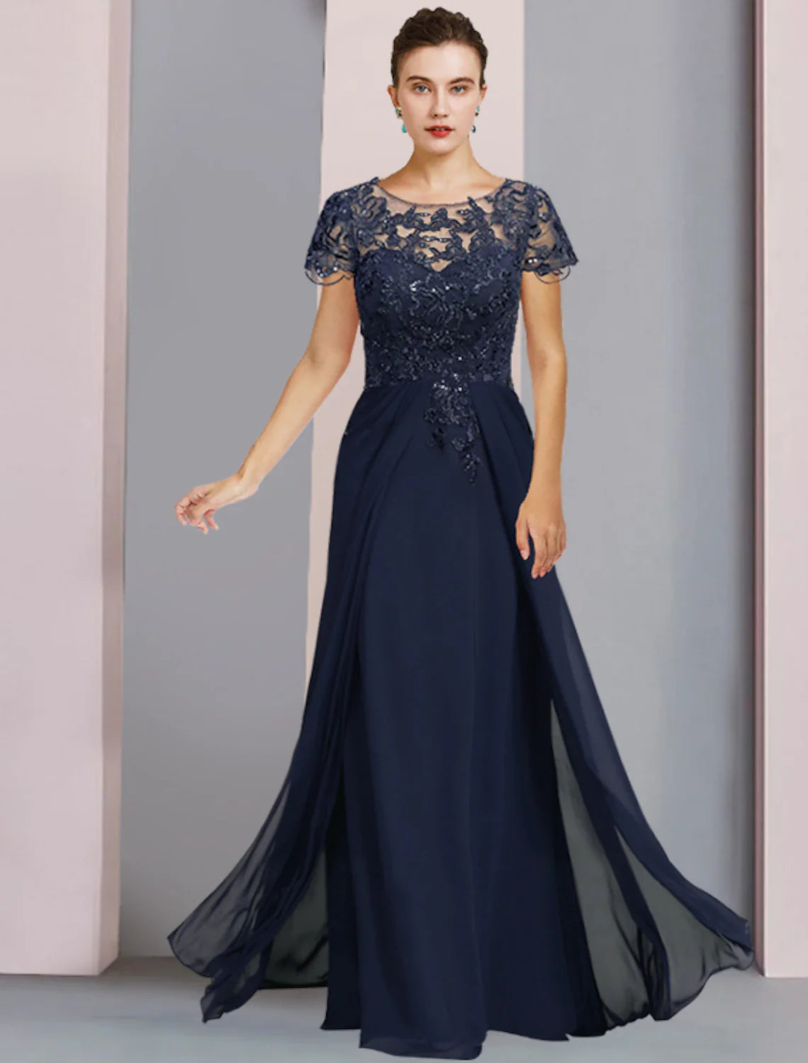 Aimishang Sheath / Column Mother of the Bride Dress Formal Luxurious Elegant Scoop Neck Floor Length Chiffon Lace Short Sleeve with Sequin Appliques