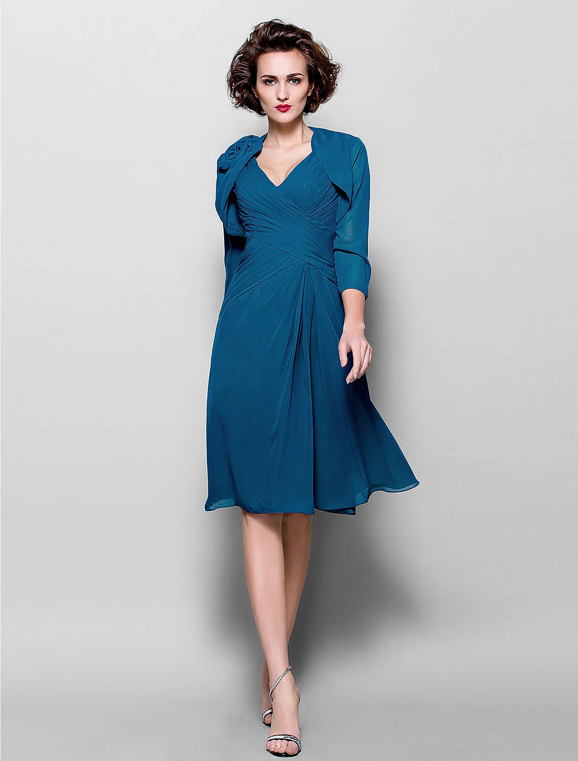 Aimishang A-Line Mother of the Bride Dress Wrap Included V Neck Knee Length Chiffon 3/4 Length Sleeve with Criss Cross Side Draping Flower
