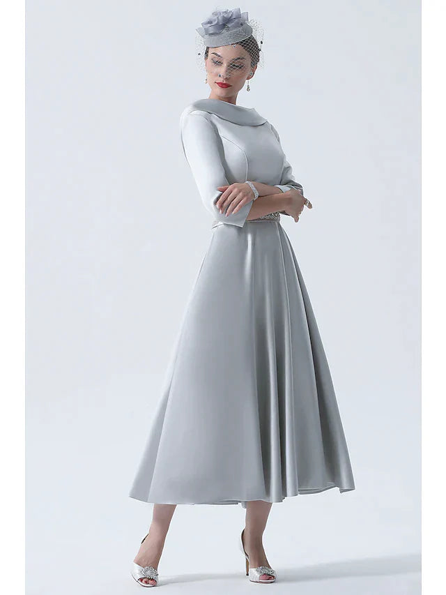 A-Line Mother of the Bride Dress Wedding Guest Vintage Plus Size Elegant Bateau Neck Tea Length Satin 3/4 Length Sleeve with Beading