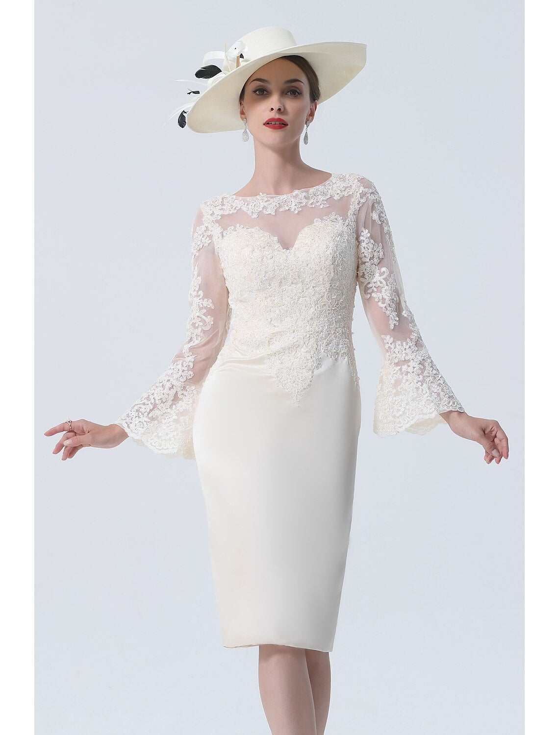 Aimishang Sheath / Column Mother of the Bride Dress Vintage Plus Size Elegant Jewel Neck Knee Length Satin Lace Long Sleeve with Lace