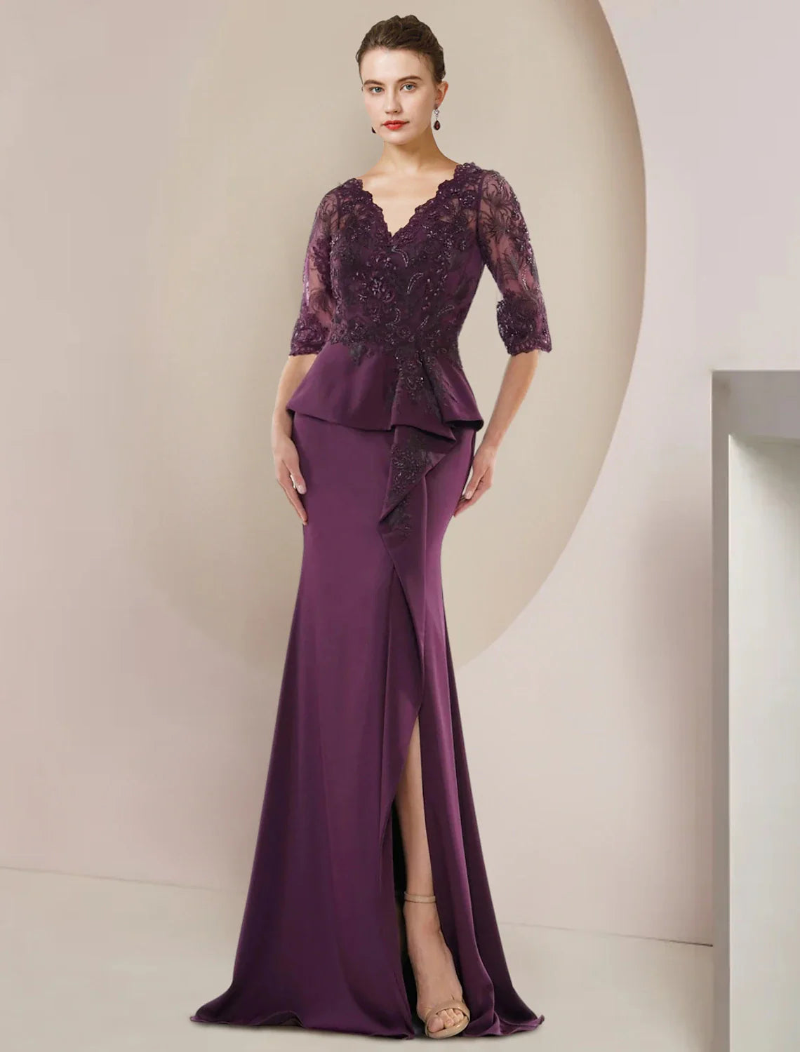 Aimishang Mermaid / Trumpet Mother of the Bride Dress Formal Wedding Guest Luxurious Elegant V Neck Floor Length Lace Stretch Chiffon Half Sleeve with Beading Ruffles Appliques