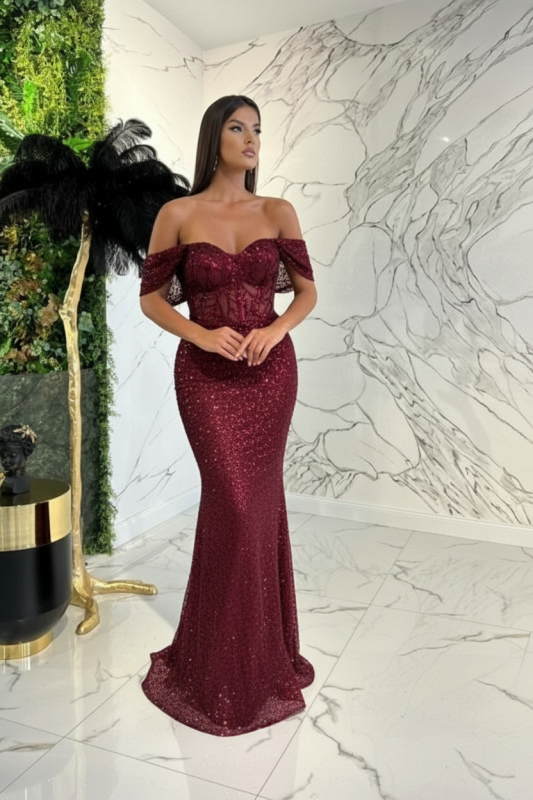Dark Green Sweetheart Off-The-Shoulder Prom Dress With Appliques Sequins