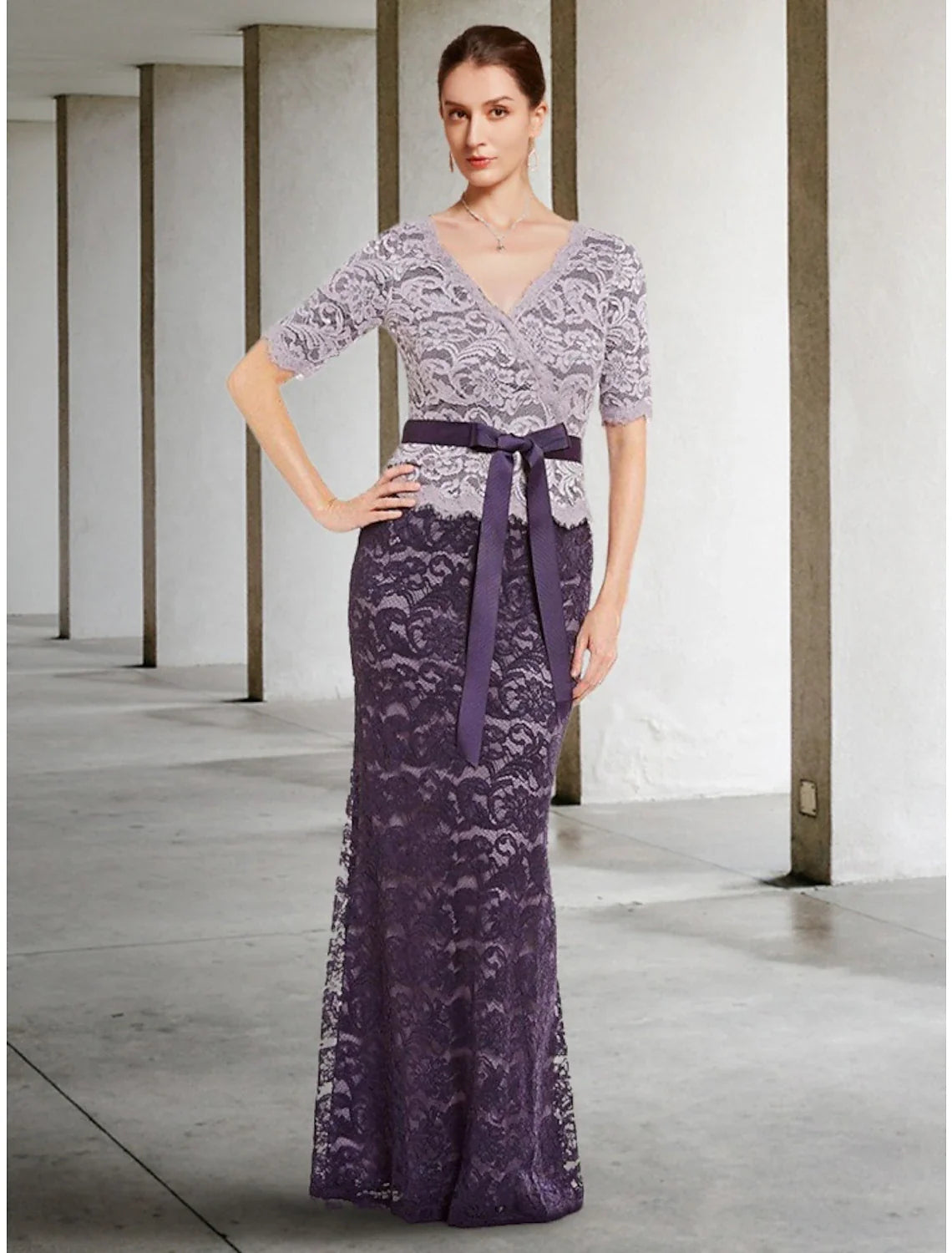 Aimishang A-Line Mother of the Bride Dress Wedding Guest Elegant V Neck Floor Length Lace Short Sleeve with Bow(s) Ruching