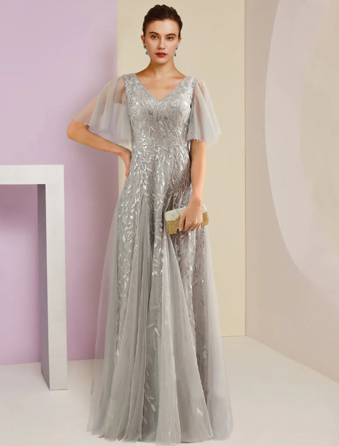 Aimishang Sheath / Column Mother of the Bride Dress Party Sparkle & Shine V Neck Floor Length Lace Tulle Short Sleeve with Pleats Sequin