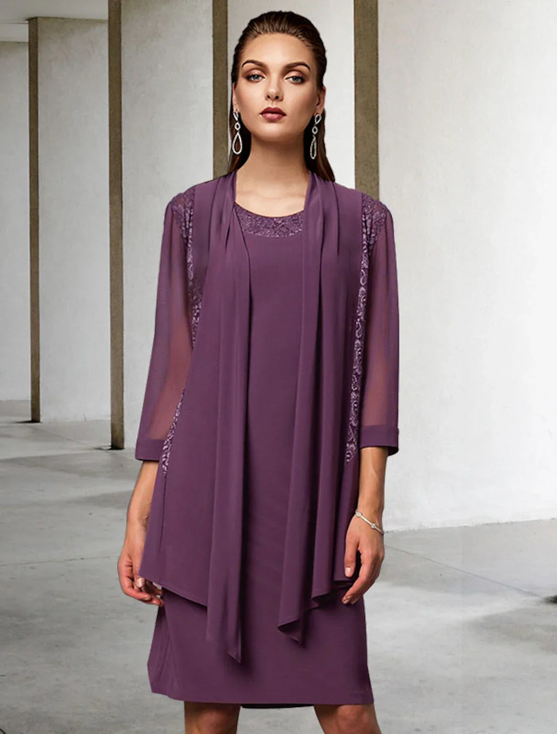 Aimishang Two Piece Sheath / Column Mother of the Bride Dress Elegant Jewel Neck Knee Length Chiffon Lace Sleeveless Jacket Dresses with Solid Color