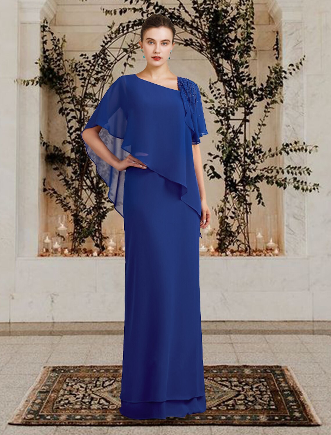 Aimishang Sheath / Column Mother of the Bride Dress Plus Size Elegant Bateau Neck Floor Length Chiffon Short Sleeve with Beading Ruffles