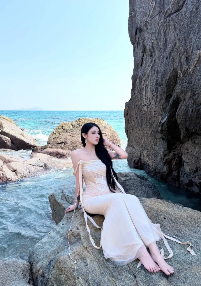Chic Champagne Bridesmaid Dress Sheath Evening Dress Chiffon Strapless Party Dress DP05113
