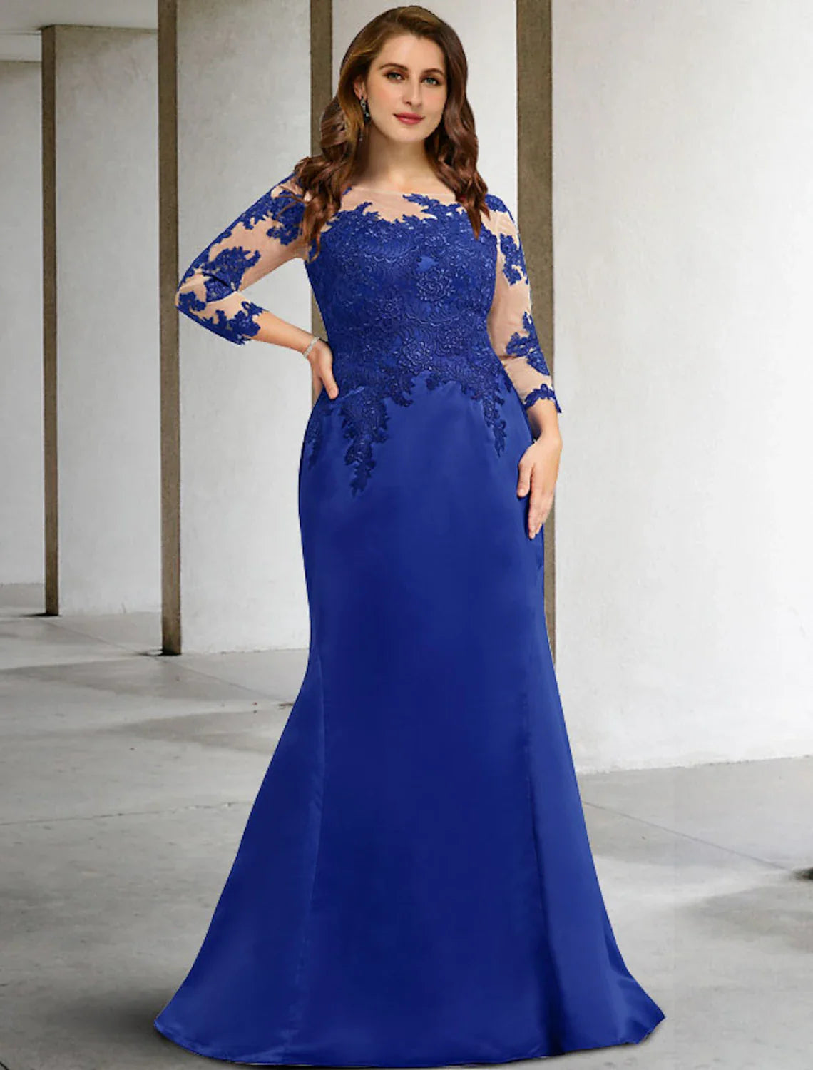 Aimishang Mermaid / Trumpet Mother of the Bride Dress Plus Size Hide Belly Elegant Jewel Neck Floor Length Chiffon Lace 3/4 Length Sleeve No with Appliques
