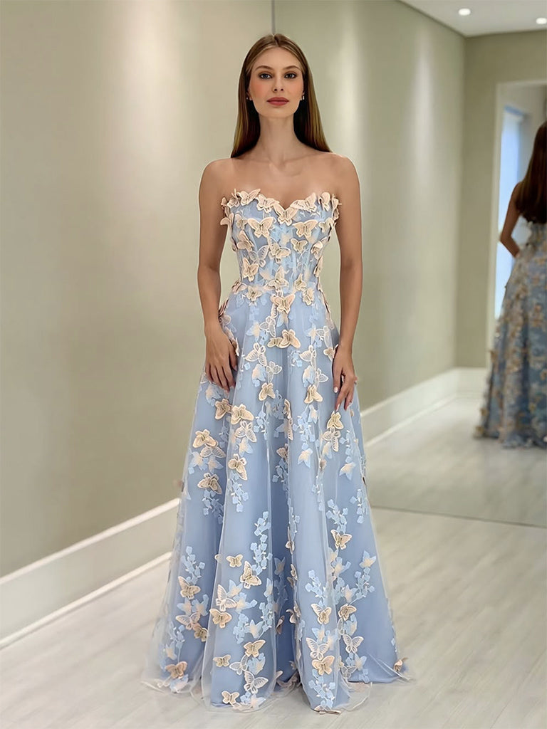 A-Line Sweetheart Neck Tulle Lace Blue Long Prom Dress, Blue Long Formal Dress
