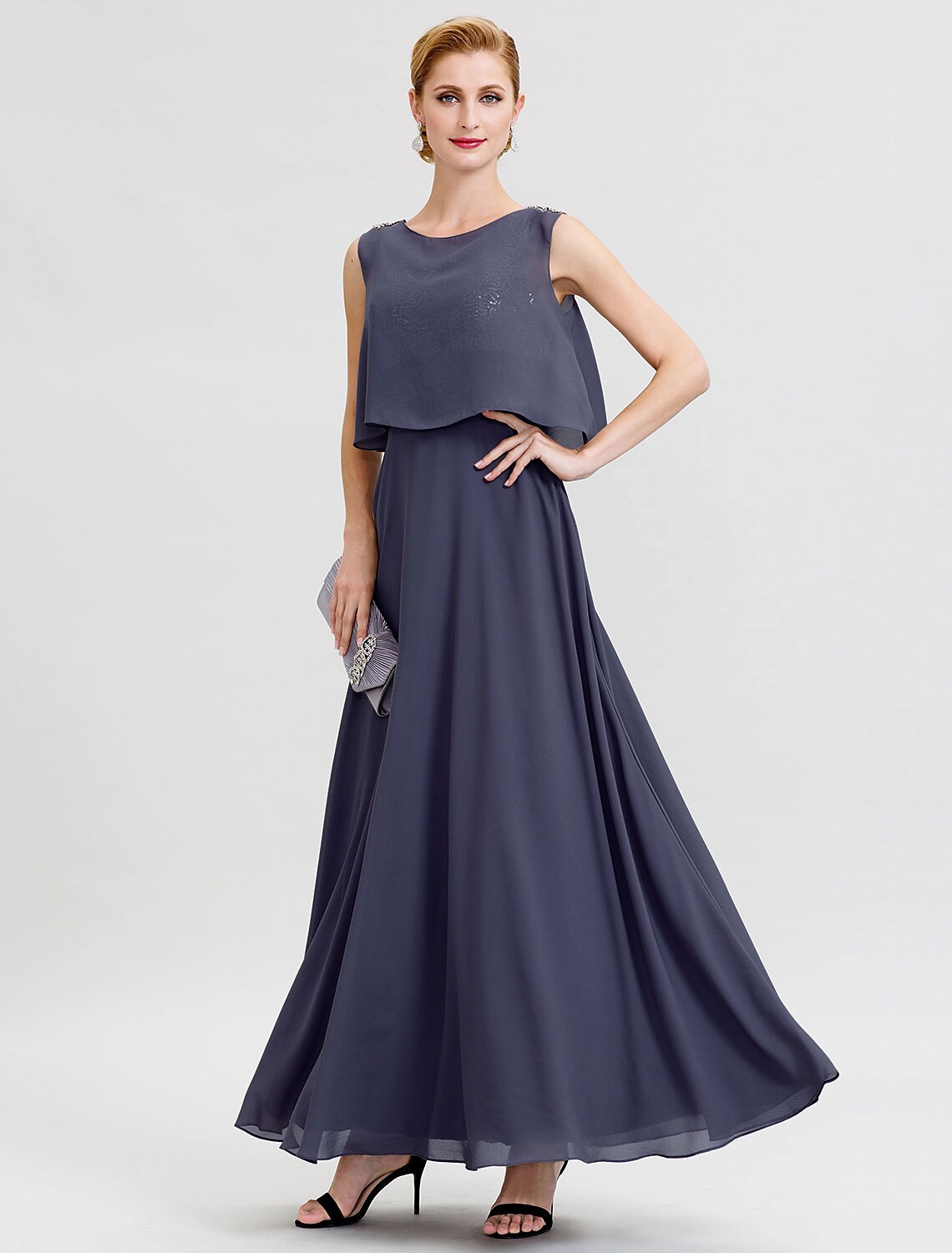 Aimishang A-Line Mother of the Bride Dress Formal Open Back Two Piece Jewel Neck Ankle Length Chiffon Sequined Sleeveless with Sashes / Ribbons Beading