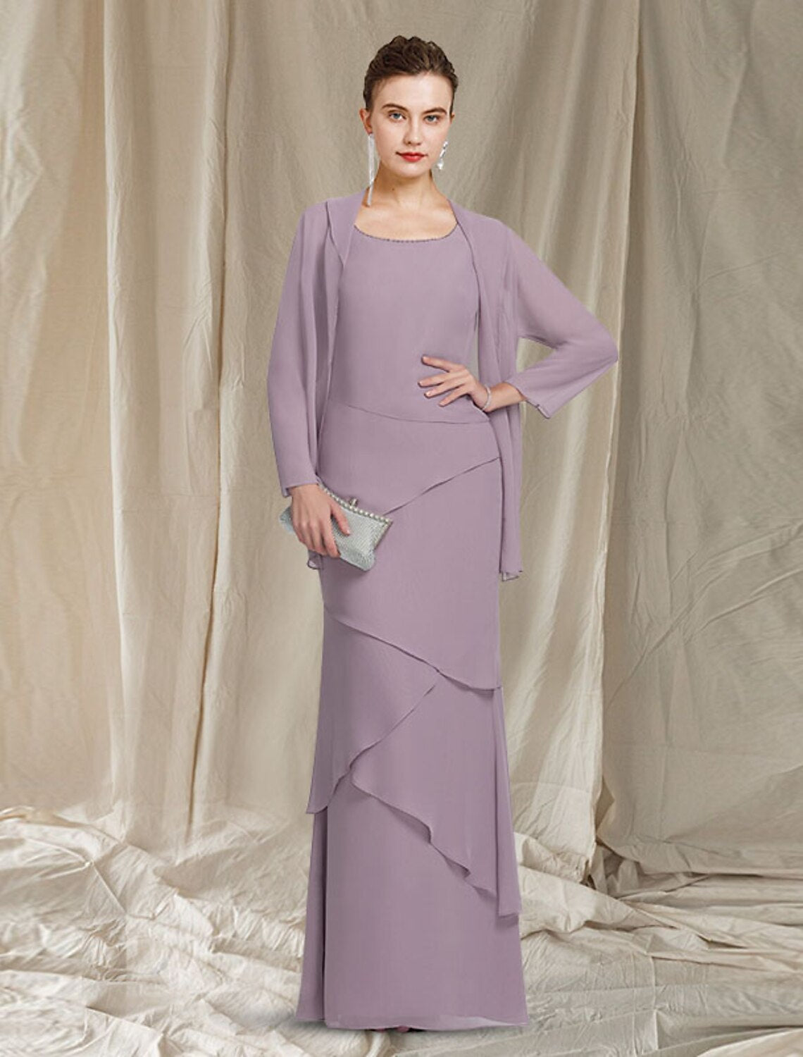 Aimishang Two Piece Sheath / Column Mother of the Bride Dress Elegant Scoop Neck Floor Length Chiffon Sleeveless Wrap Included with Beading Cascading Ruffles