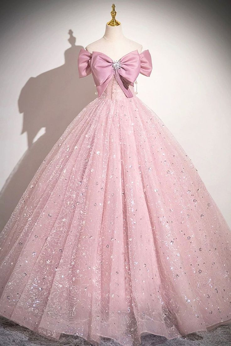 Cute Pink Tulle Sequins Long A-Line Ball Gown, Off Shoulder Sweet 16 Dress cc1732