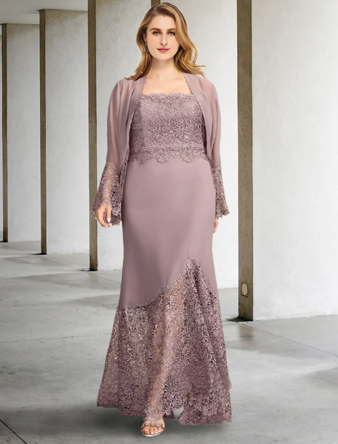Aimishang Two Piece A-Line Mother of the Bride Dresses Plus Size Hide Belly Curve Elegant Dress Formal Asymmetrical Sleeveless Square Neck Chiffon with Appliques Splicing