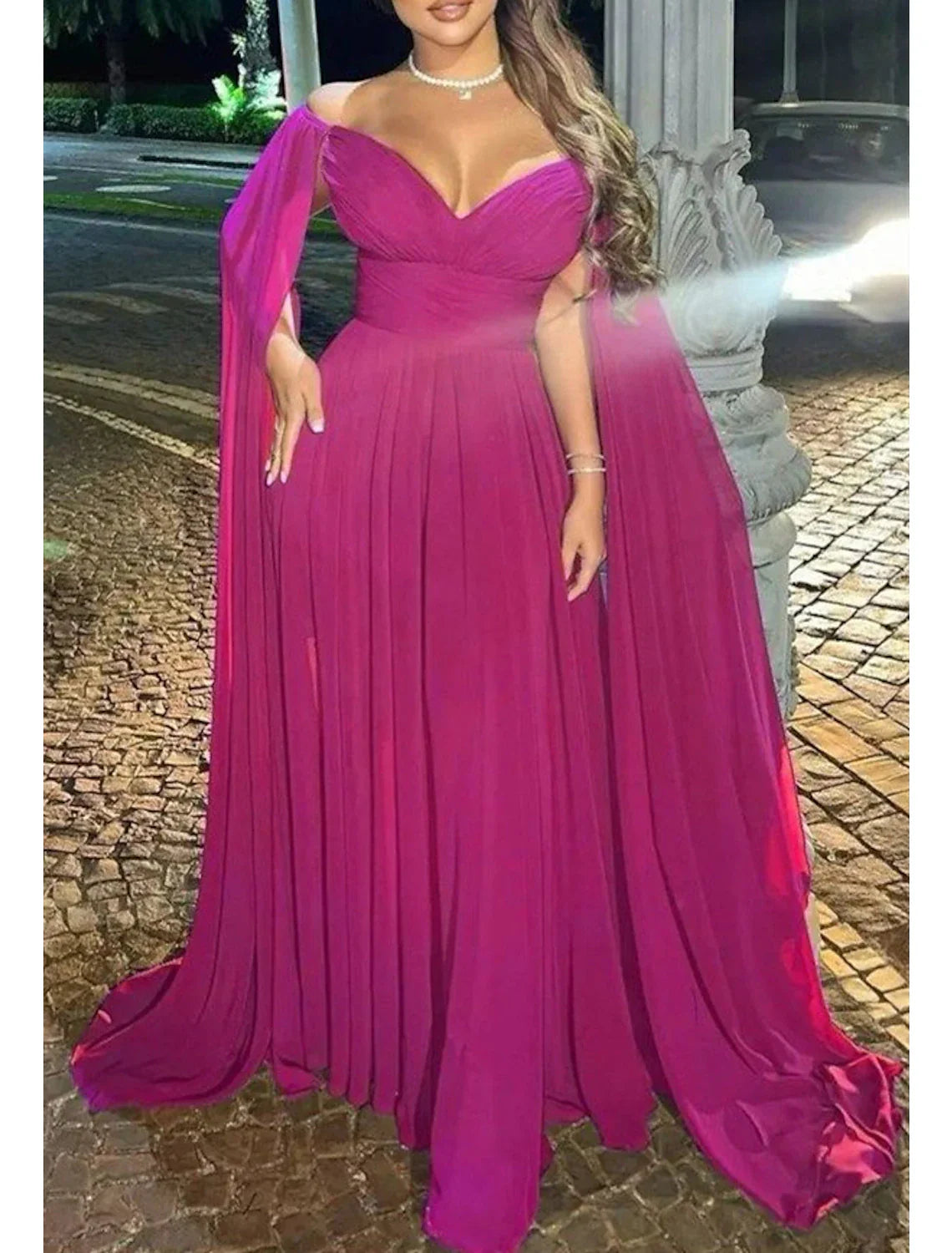 Aimishang A-Line Evening Gown Elegant Dress Formal Wedding Party Sweep / Brush Train Sleeveless Off Shoulder Capes Chiffon with Pleats