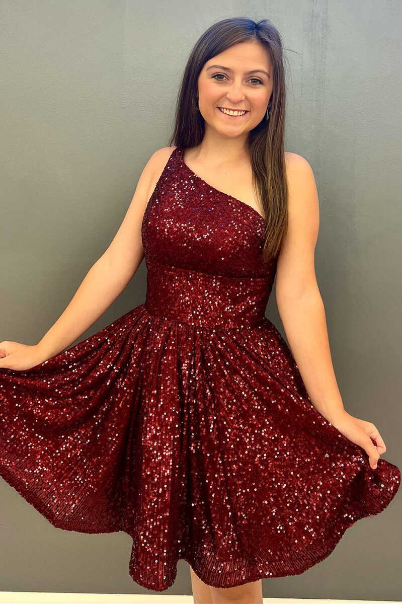 Navy Blue Sequins One-Shoulder A-Line Short Homecoming Dress