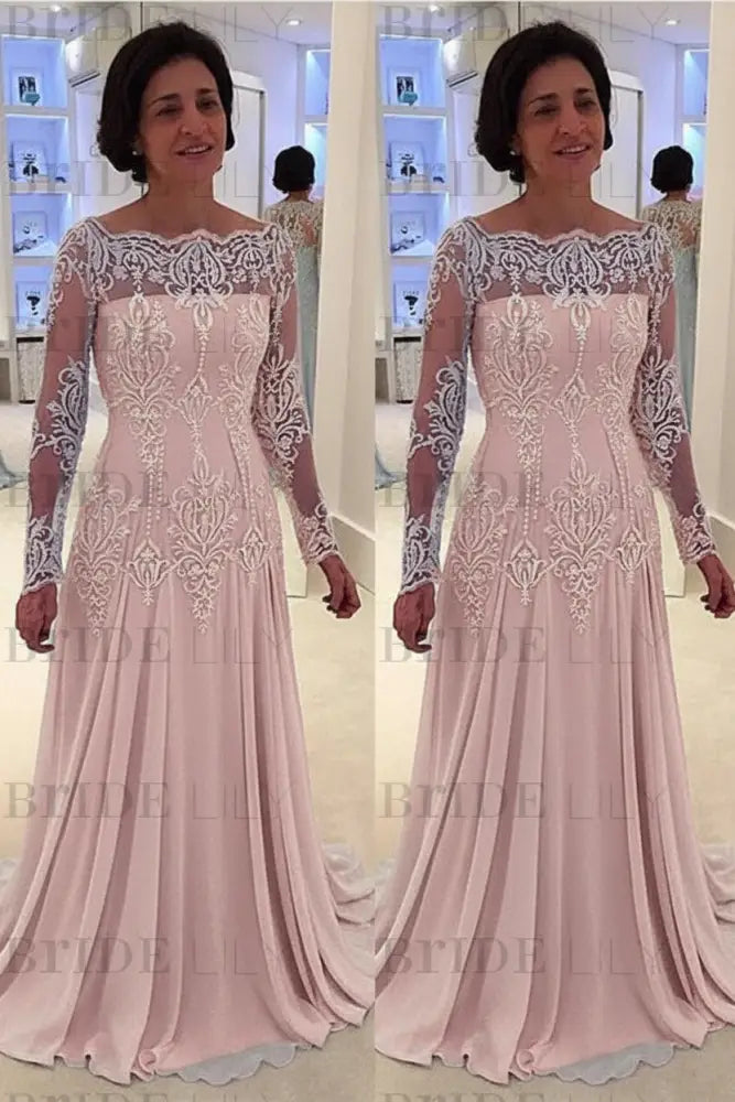 Elegant bateau neck A-line Lace Long Sleeves Mother-of-the-bride Dress