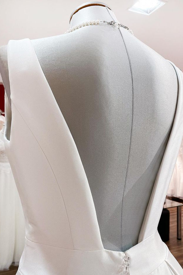 Elegant Long A-line V-Neck Satin Wedding Dress With Ruffles and Open Back