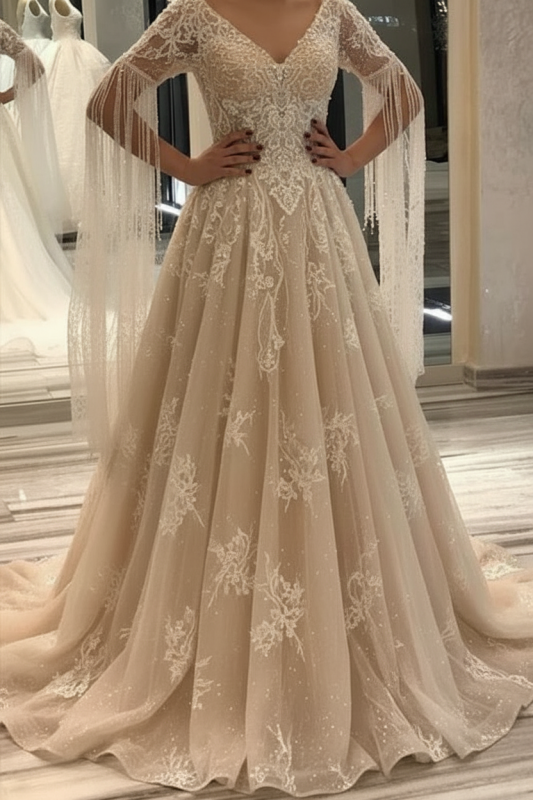 Elegant Short-Sleeve Lace A-Line Wedding Gown Deep V-Neck Pearls Bridal Dress