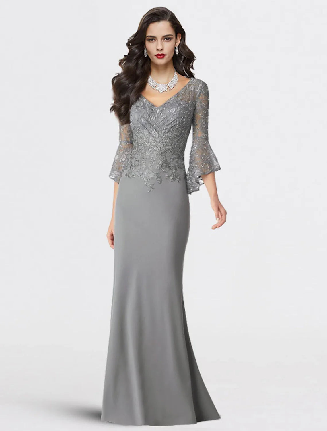 Aimishang Mermaid / Trumpet Mother of the Bride Dress Plus Size Elegant V Neck Sweep / Brush Train Chiffon Lace 3/4 Length Sleeve with Sequin Appliques