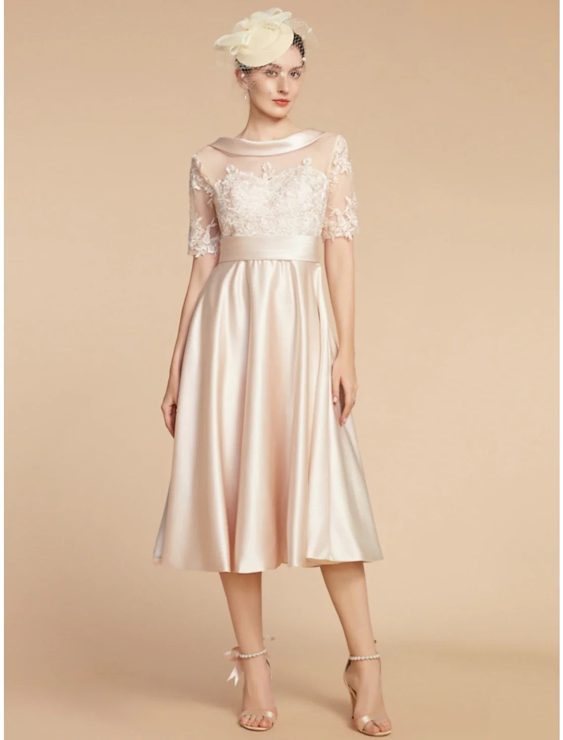 Aimishang A-Line Mother of the Bride Dress Wedding Guest Elegant Petite Scoop Neck Knee Length Satin Lace Half Sleeve with Appliques Ruching Solid Color