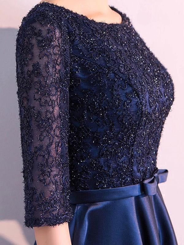 Evening Dresses Dark Navy Long Prom Dress Lace Satin Bow Sash Half Sleeve Formal Gowns