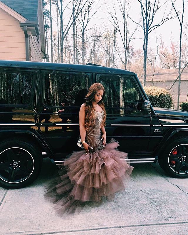 Fashion Brown Tulle Beadings Tiered Straps Prom Dress