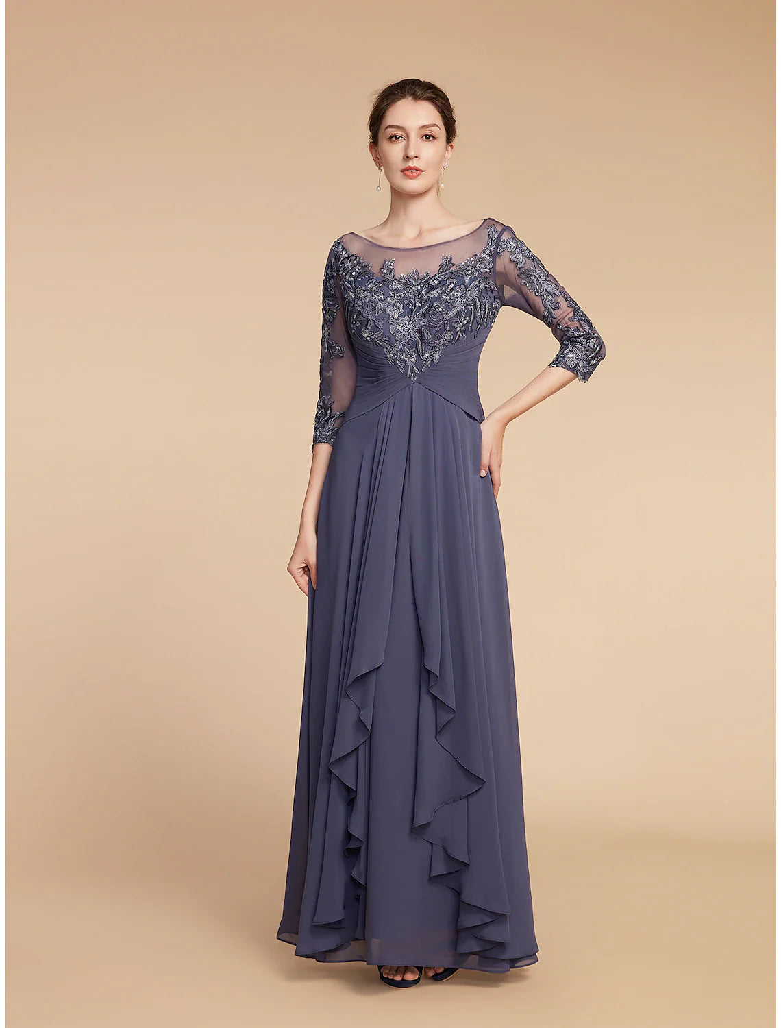 Aimishang A-Line Mother of the Bride Dress Elegant V Neck Floor Length Chiffon Lace 3/4 Length Sleeve with Ruffles Appliques