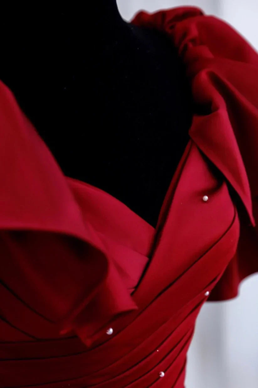 Gorgeous Burgundy V-neck Satin Puffy Sleeves Beading Sweet 16 Quinceanera A-Line Evening Dress Ball Gown HZ1024