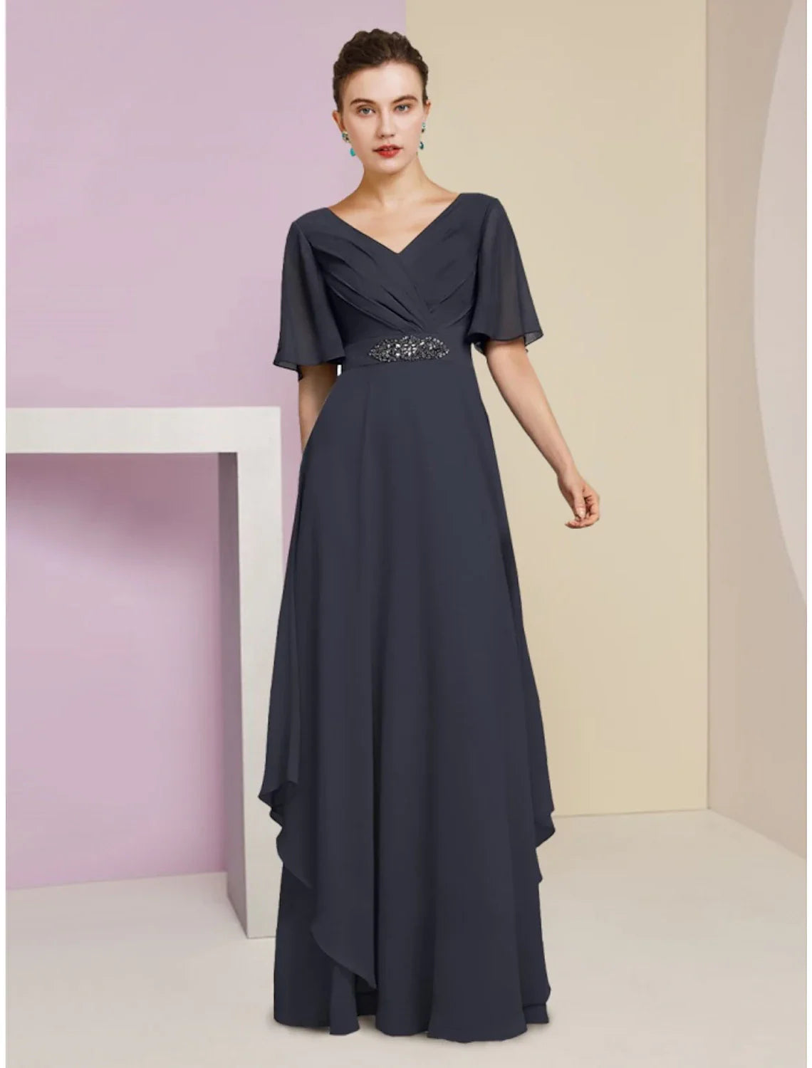 Aimishang A-Line Mother of the Bride Dress Wedding Guest Elegant V Neck Floor Length Chiffon Short Sleeve with Crystal Brooch Ruching