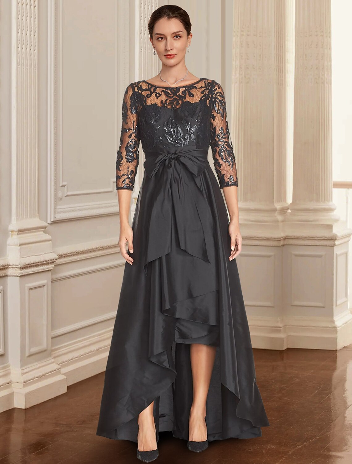 Aimishang A-Line Mother of the Bride Dress Formal Wedding Guest Elegant Black Dress Jewel Neck Asymmetrical Lace Italy Satin 3/4 Length Sleeve with Lace Bow(s) Sequin