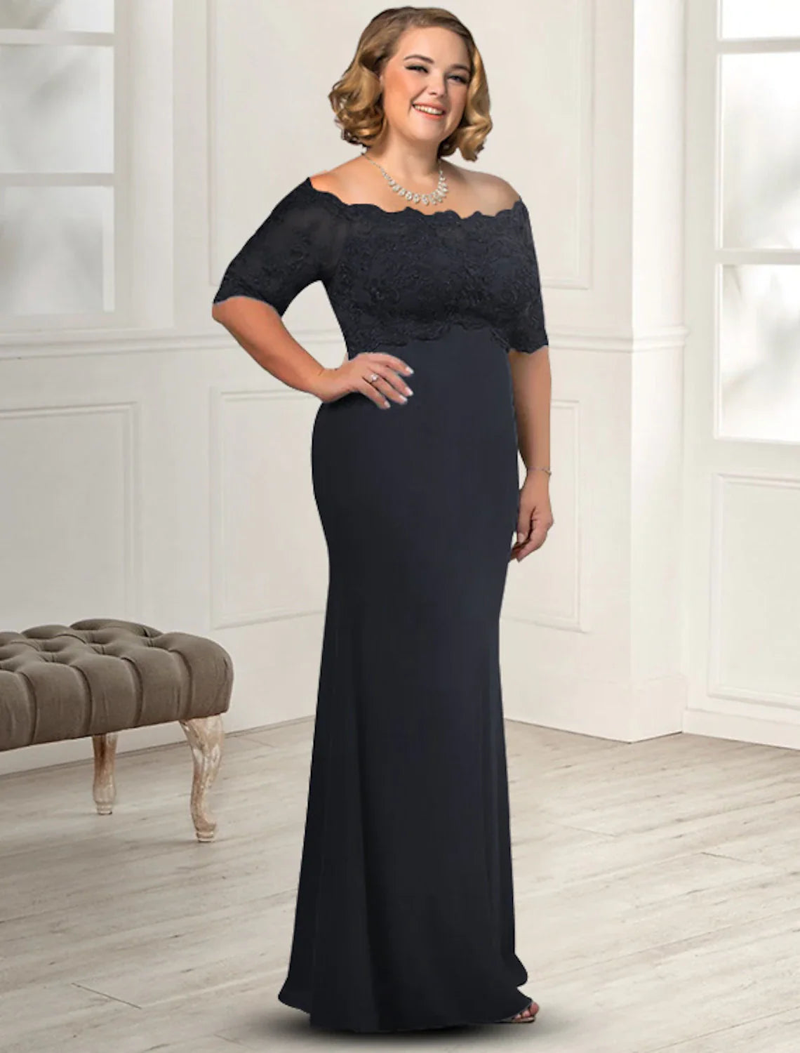 Aimishang Sheath / Column Mother of the Bride Dress Plus Size Elegant Off Shoulder Floor Length Chiffon Lace Half Sleeve with Appliques