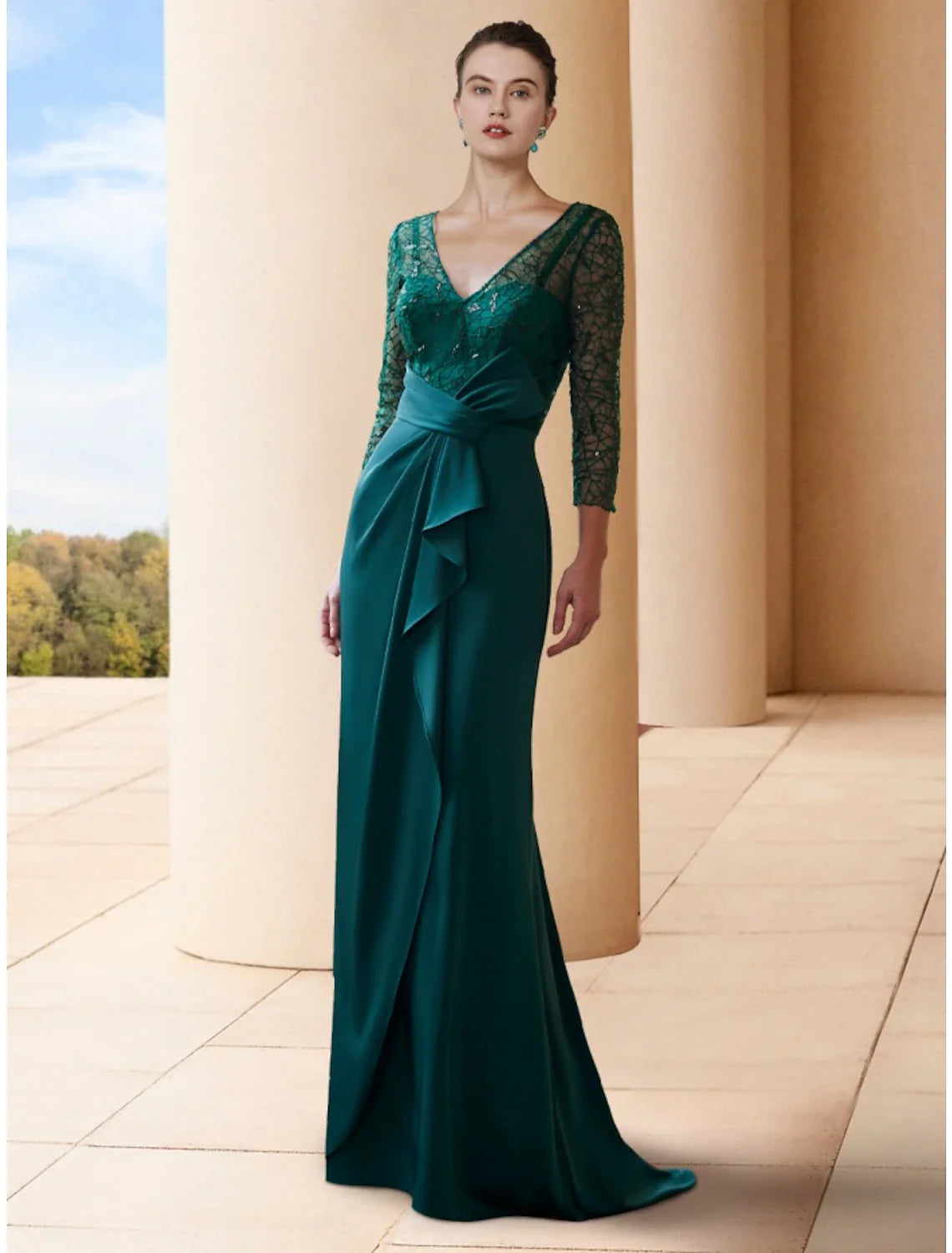 Aimishang A-Line Mother of the Bride Dress Wedding Guest Elegant V Neck Sweep / Brush Train Stretch Chiffon 3/4 Length Sleeve with Bow(s) Sequin Ruching