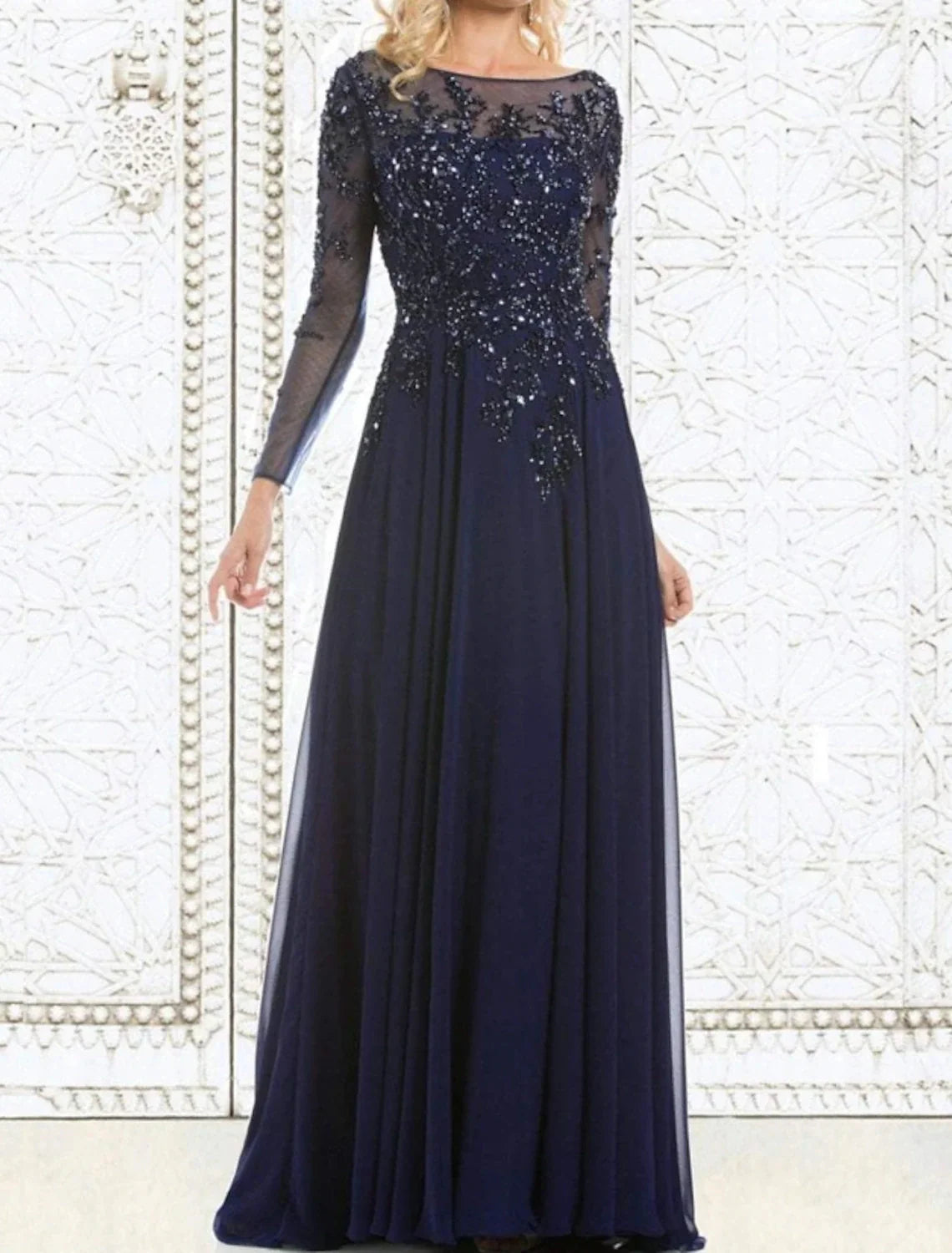 A-Line Mother of the Bride Dress Wedding Guest Elegant Illusion Neck Floor Length Chiffon Lace Long Sleeve with Lace Appliques