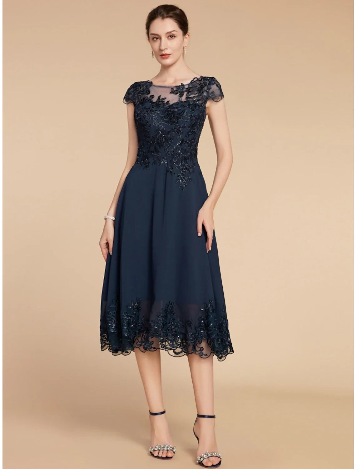 Aimishang A-Line Mother of the Bride Dress Wedding Guest Elegant Petite Scoop Neck Tea Length Chiffon Lace Cap Sleeve with Sequin Ruching Solid Color