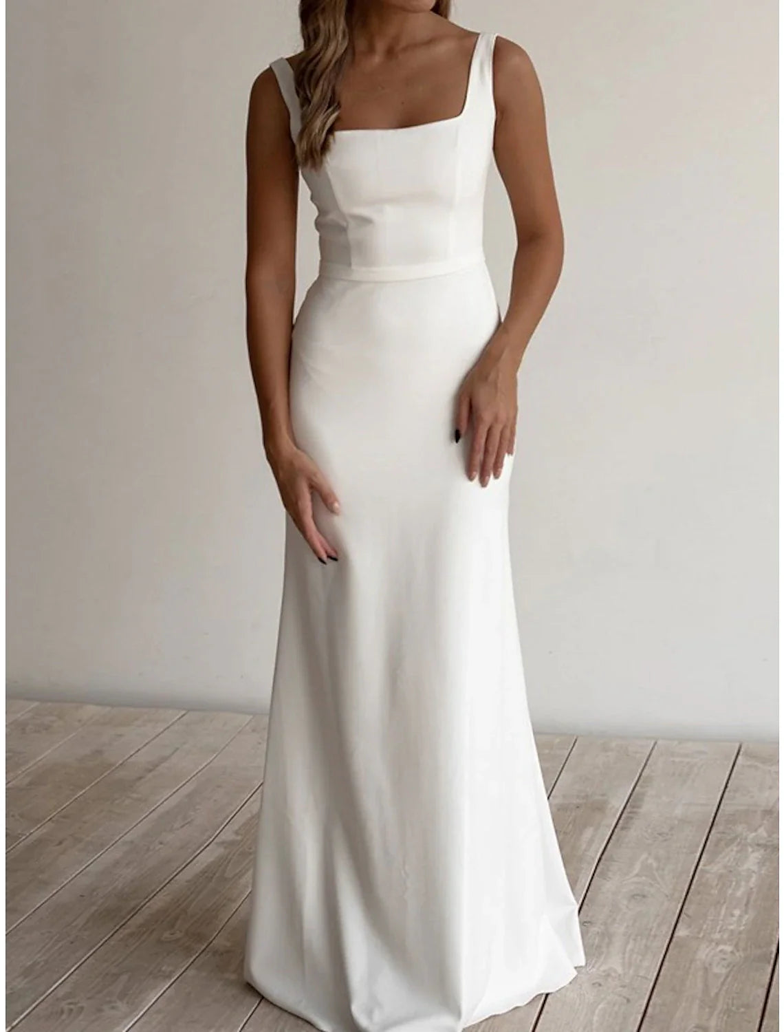 Aimishang Beach Casual Wedding Dresses Sheath / Column Square Neck Sleeveless Floor Length Stretch Fabric Bridal Gowns With Sash / Ribbon
