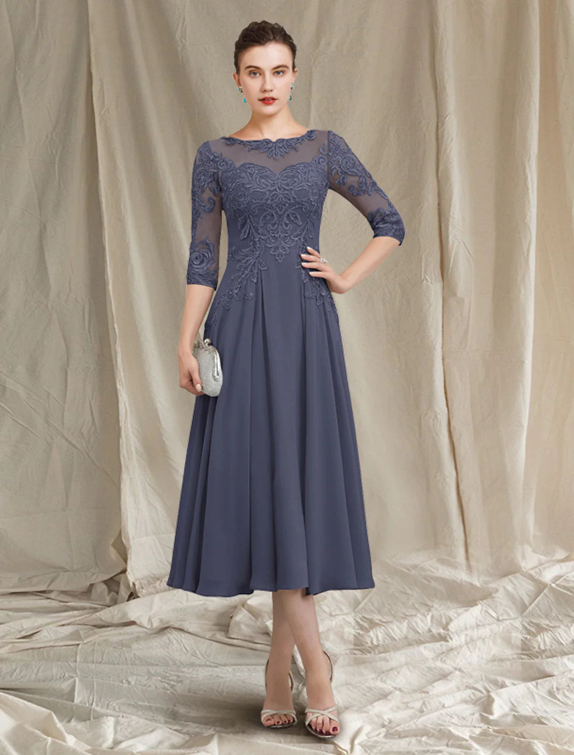 Aimishang A-Line Mother of the Bride Dress Elegant Jewel Neck Tea Length Chiffon Lace Half Sleeve with Pleats Appliques